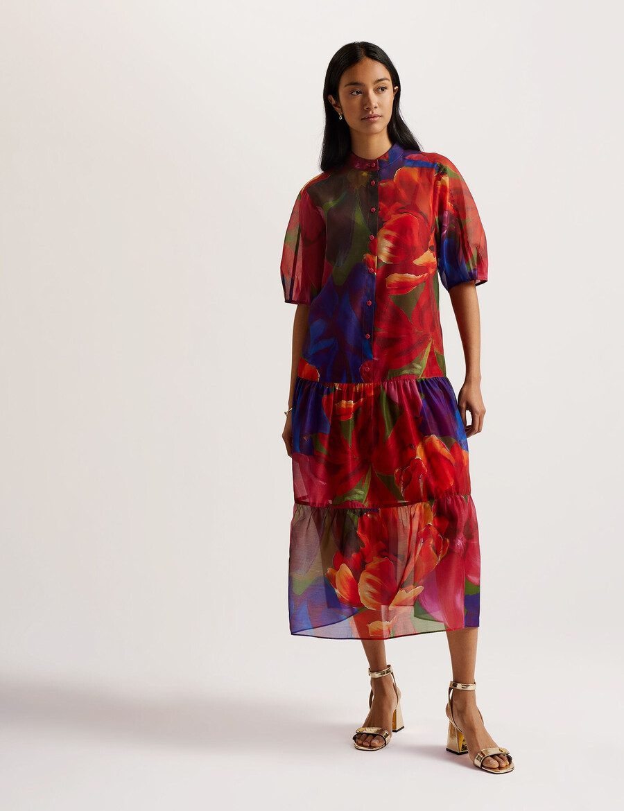 miru - vestido midi de organza con estampado tropical