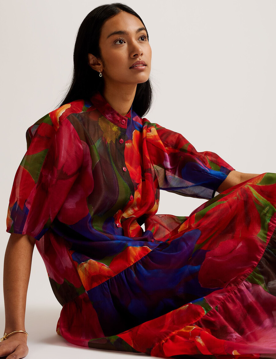miru - vestido midi de organza con estampado tropical