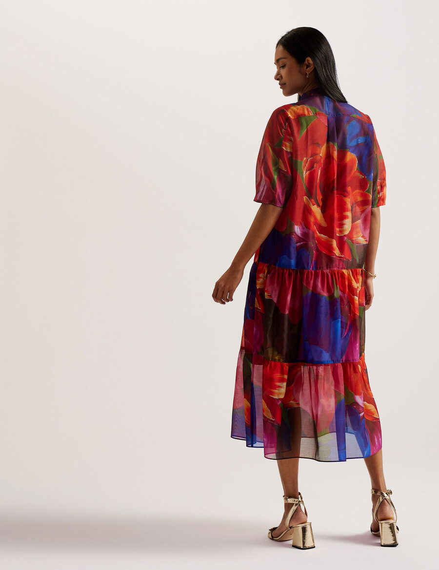 miru - vestido midi de organza con estampado tropical