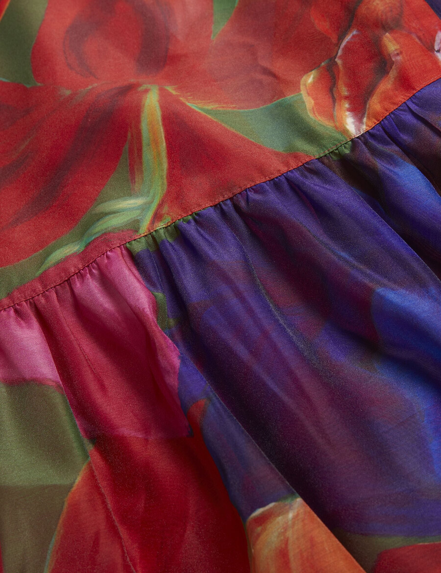 miru - vestido midi de organza con estampado tropical