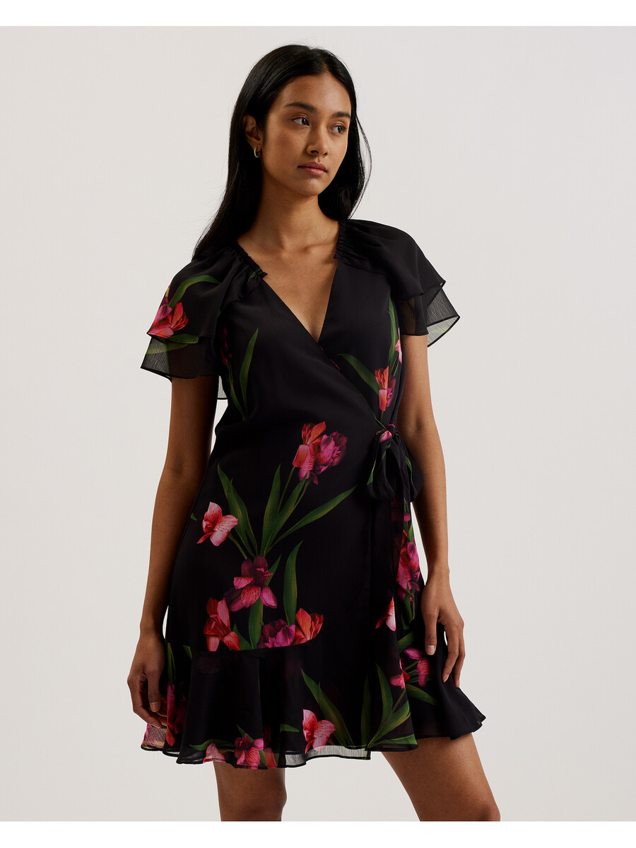 fasnia - vestido mini cruzado con mangas de ángel y flores