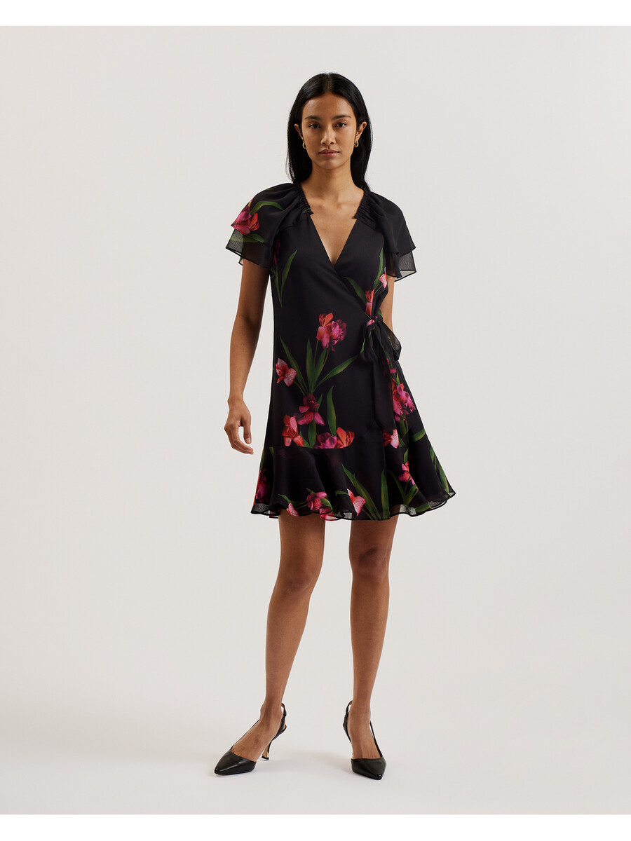 fasnia - vestido mini cruzado con mangas de ángel y flores