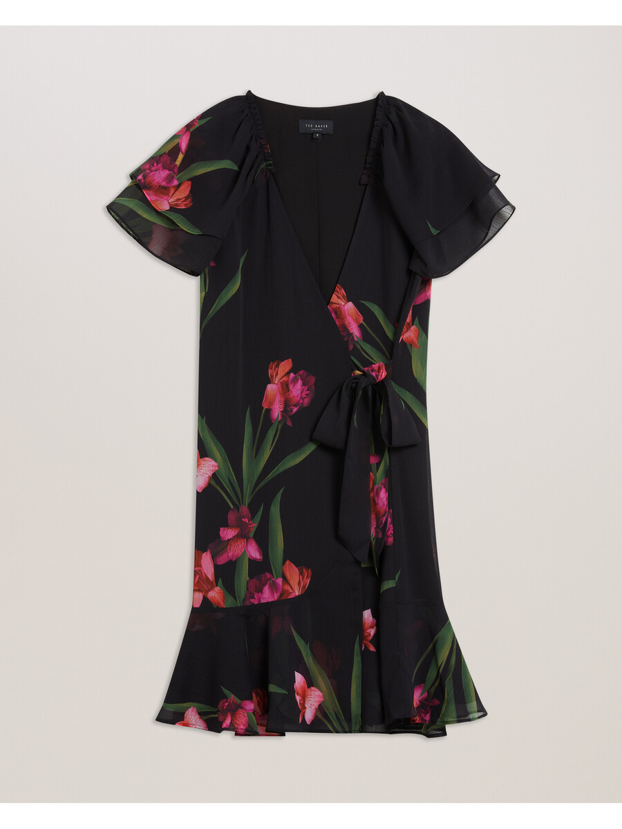 fasnia - vestido mini cruzado con mangas de ángel y flores