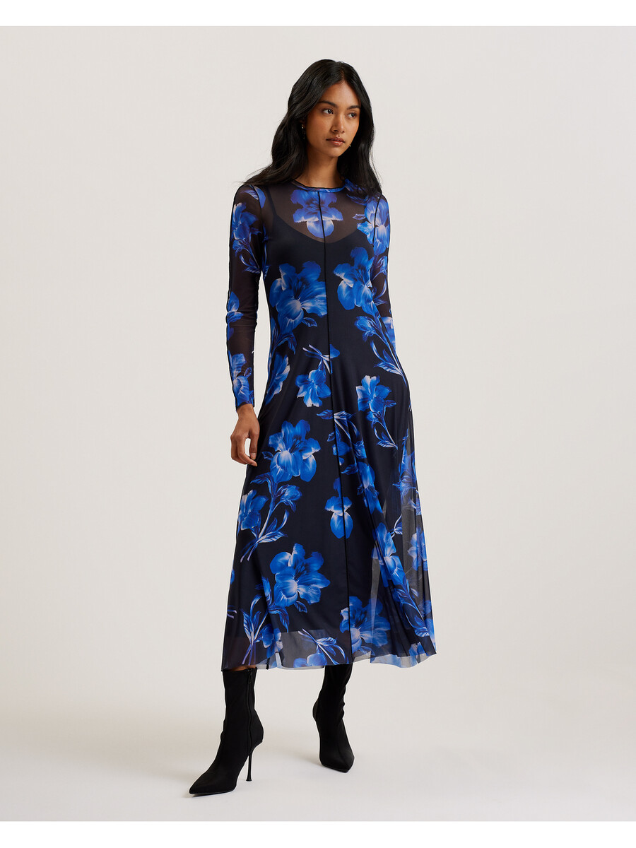 rozeen - vestido estampado de manga larga de malla
