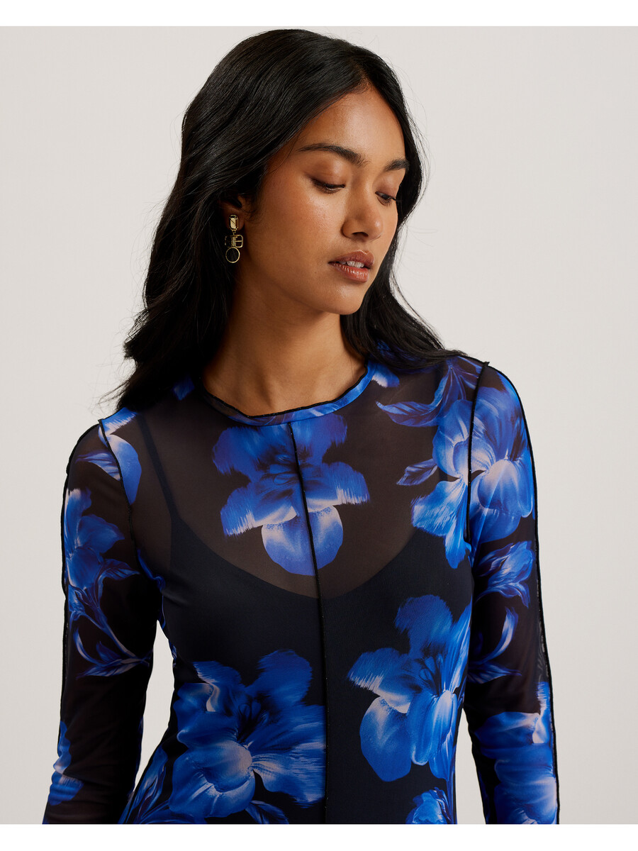 rozeen - vestido estampado de manga larga de malla