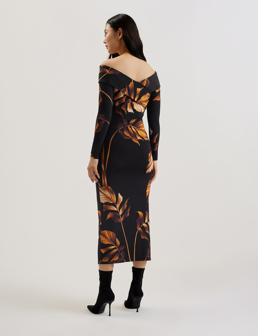 josefen - vestido midi bardot estampado de manga larga