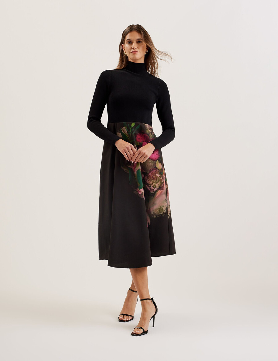 asnes - vestido midi de punto con falda estampada