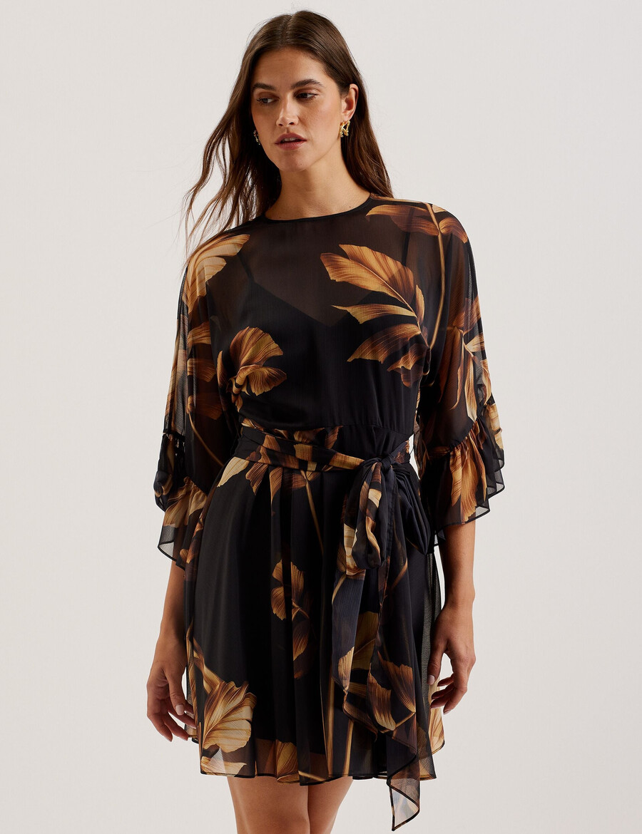 elster - vestido mini de gasa estampada con lazo en la cintura