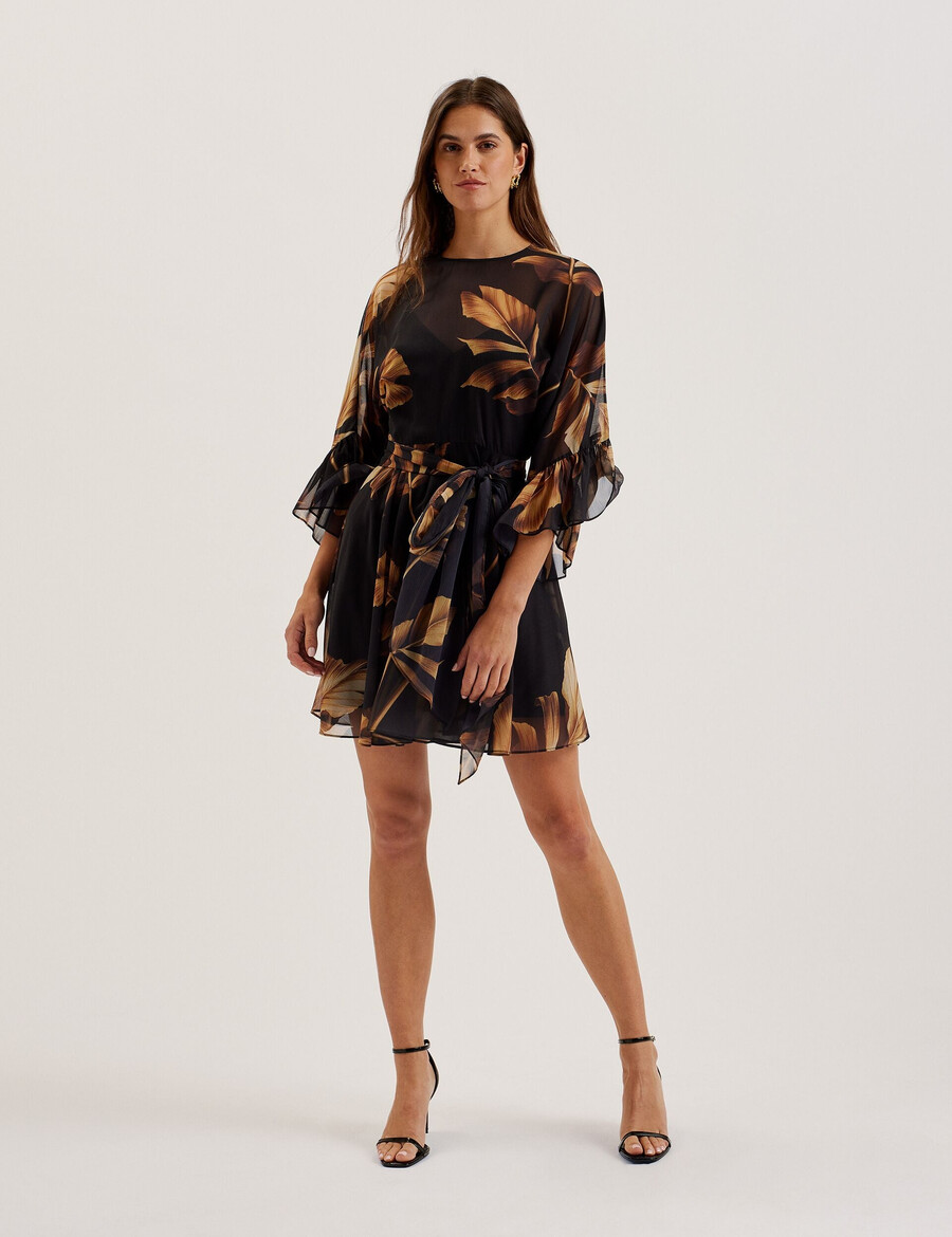 elster - vestido mini de gasa estampada con lazo en la cintura
