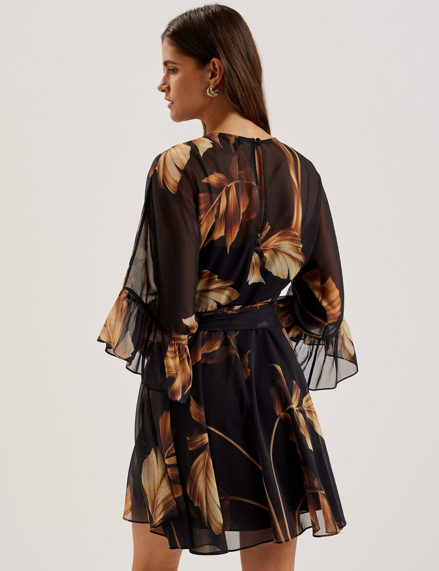 elster - vestido mini de gasa estampada con lazo en la cintura