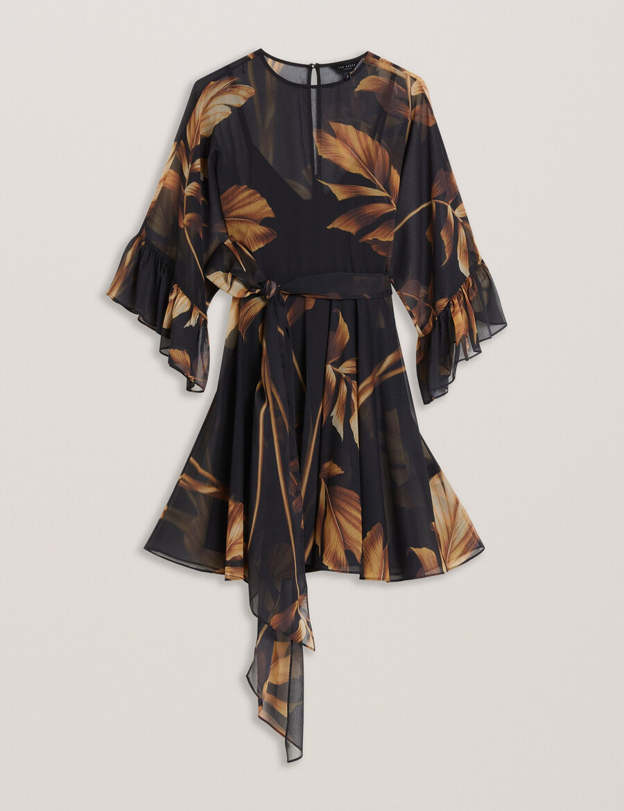 elster - vestido mini de gasa estampada con lazo en la cintura