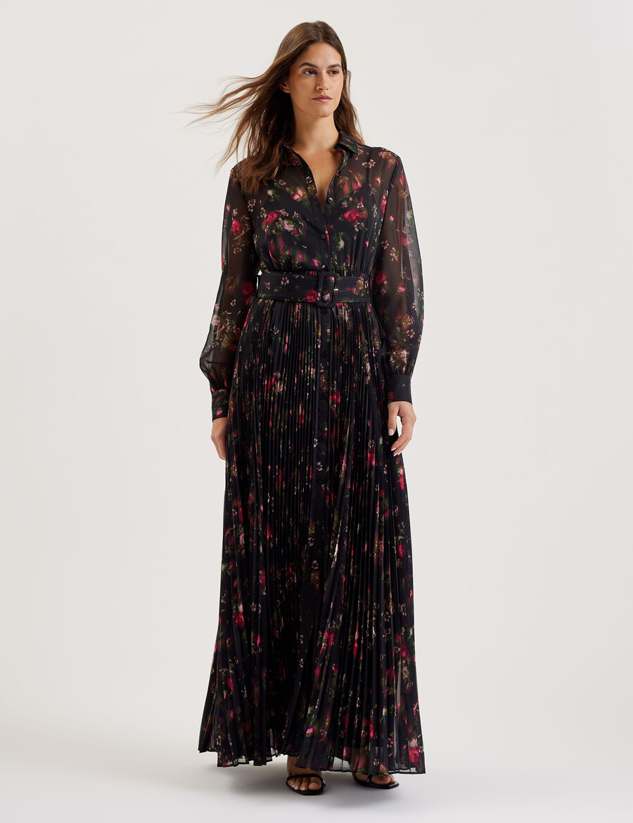 ceiba - vestido camisero largo plisado con estampado floral
