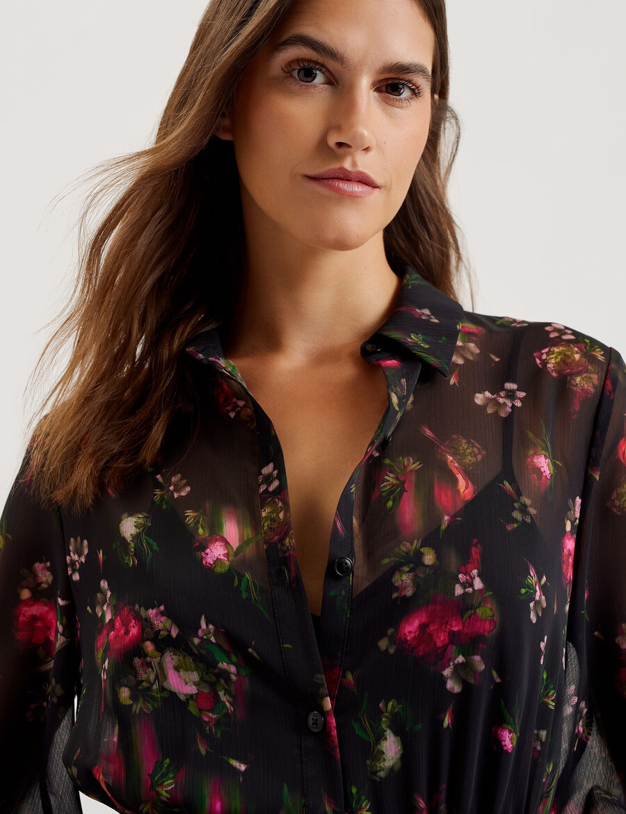 ceiba - vestido camisero largo plisado con estampado floral