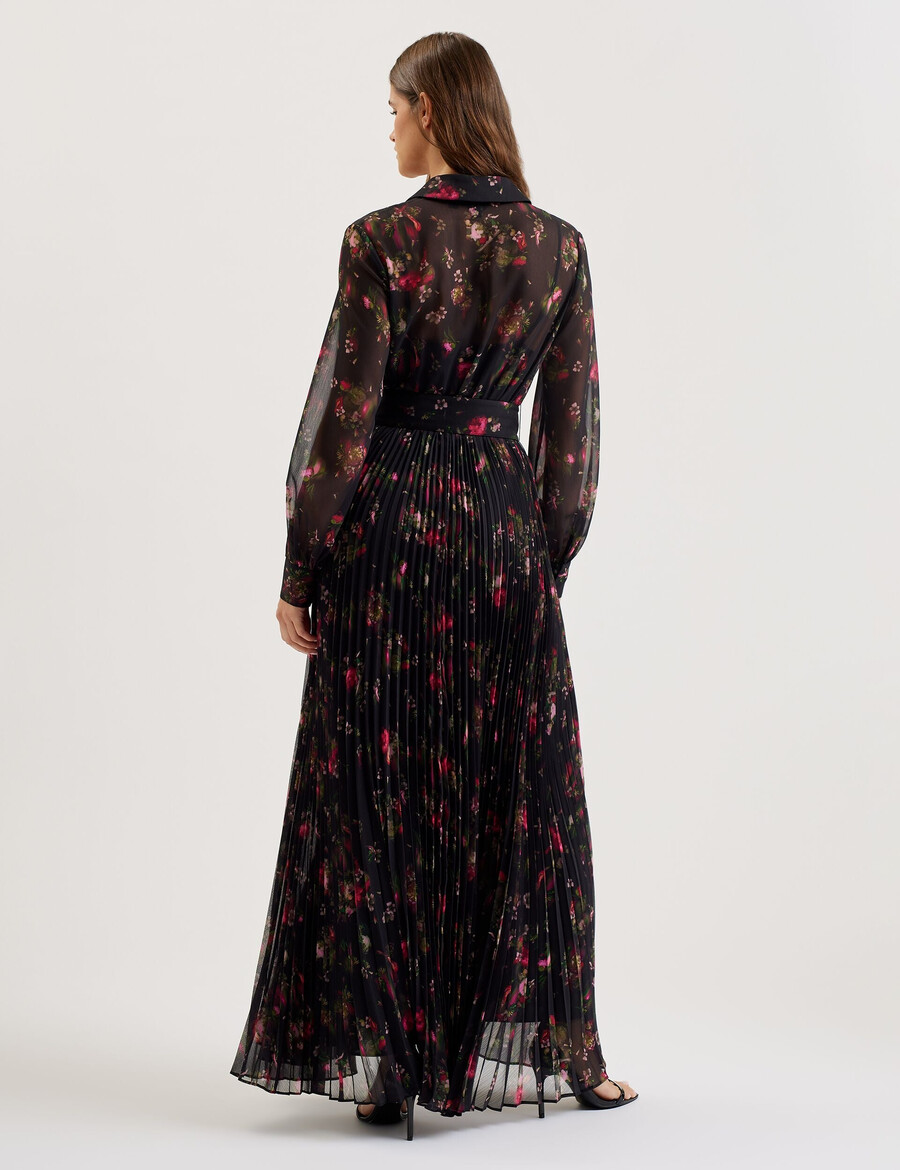 ceiba - vestido camisero largo plisado con estampado floral
