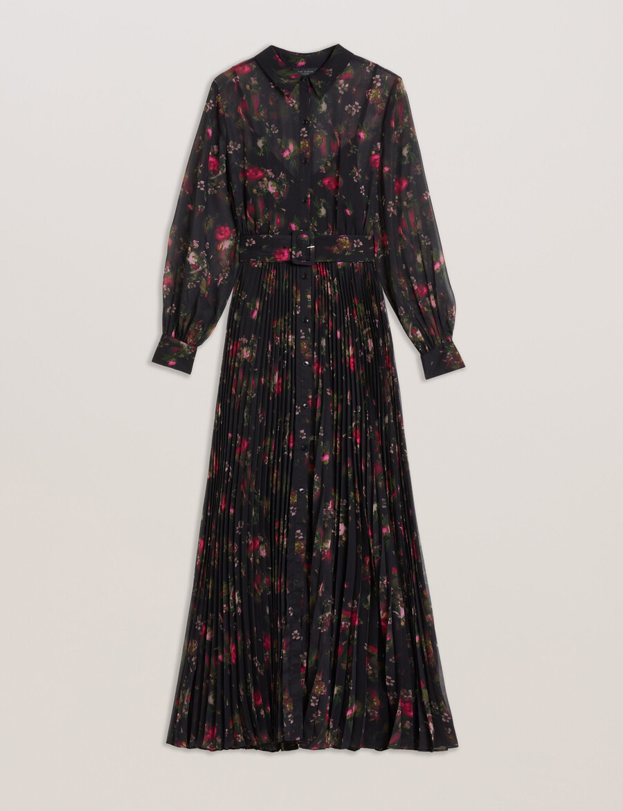 ceiba - vestido camisero largo plisado con estampado floral