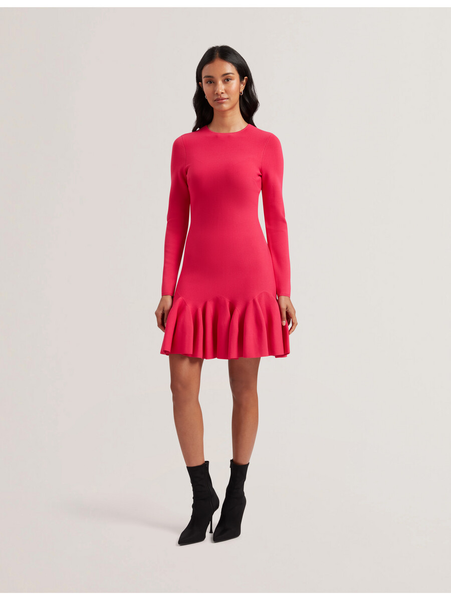 loisss - vestido mini de punto de manga larga con volante en el dobladillo