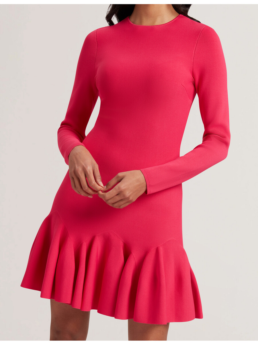 loisss - vestido mini de punto de manga larga con volante en el dobladillo