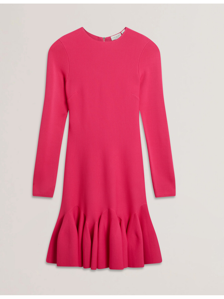 loisss - vestido mini de punto de manga larga con volante en el dobladillo