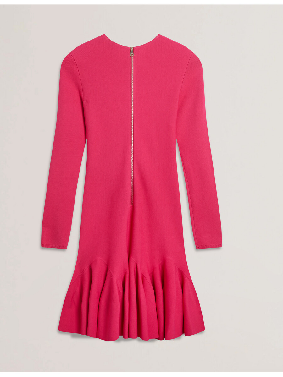 loisss - vestido mini de punto de manga larga con volante en el dobladillo