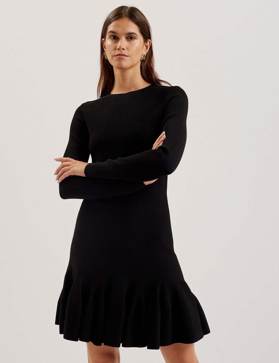 loisss - vestido mini de punto de manga larga con volante en el dobladillo