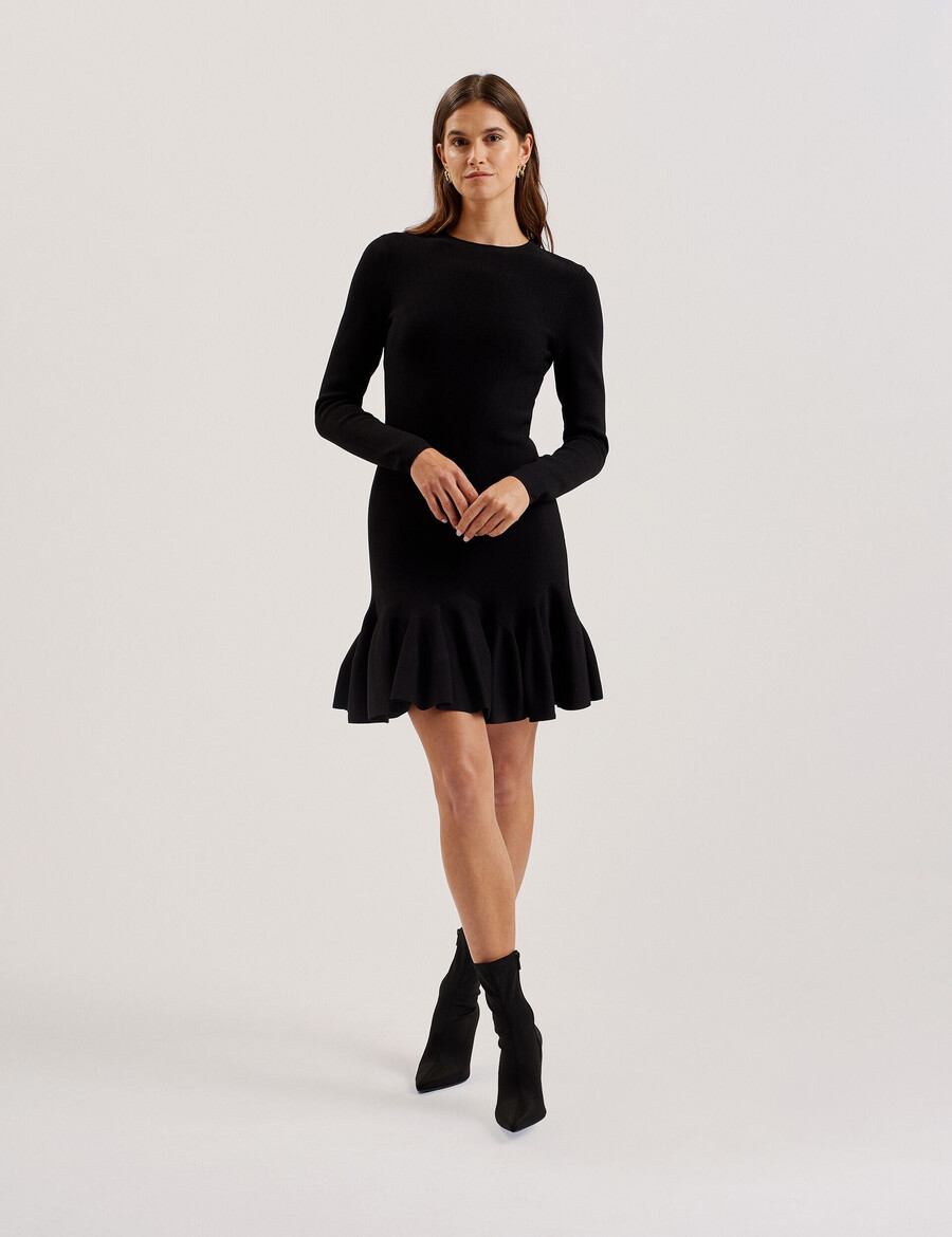 loisss - vestido mini de punto de manga larga con volante en el dobladillo