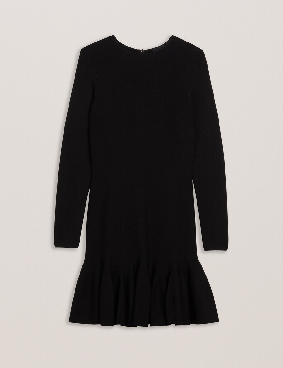 loisss - vestido mini de punto de manga larga con volante en el dobladillo