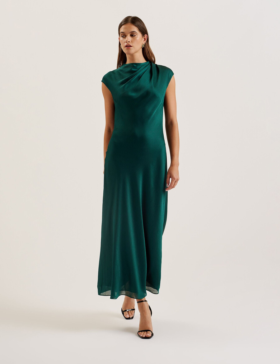 rimini - vestido midi de gasa con escote drapeado