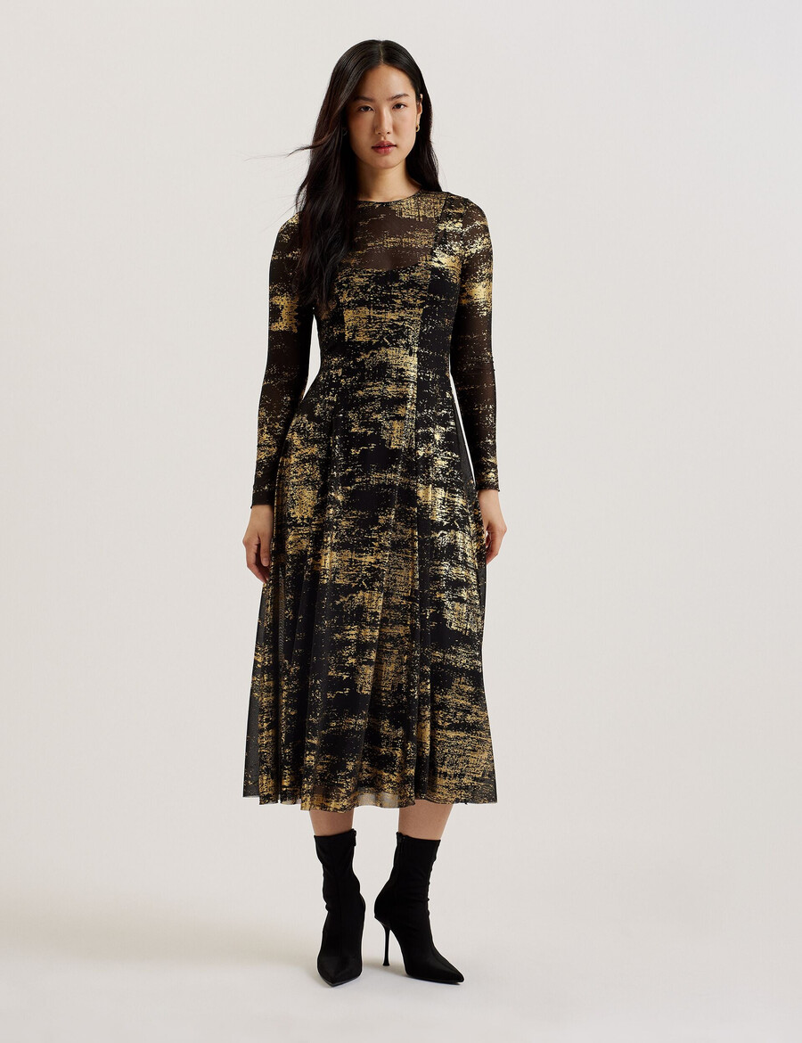 junhaa - vestido midi de malla con mangas largas y estampado metalizado