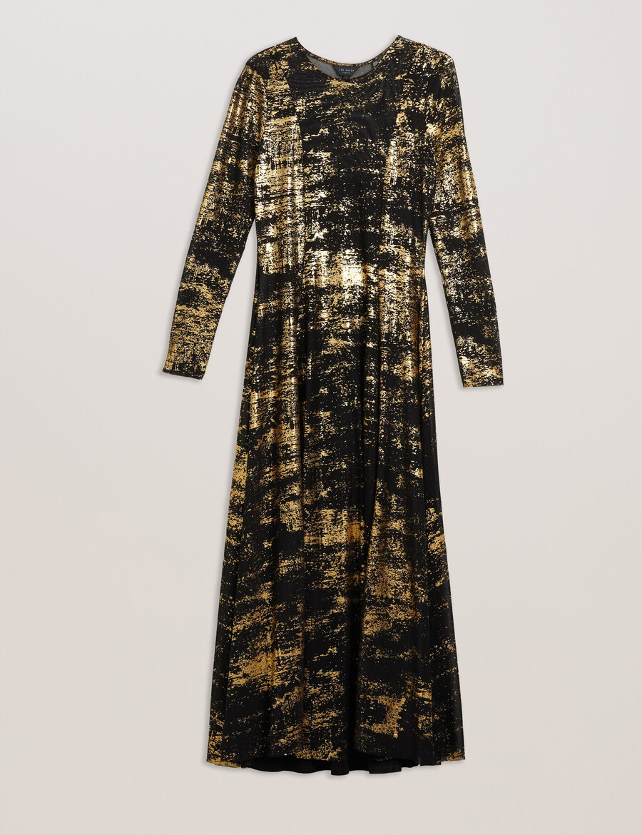 junhaa - vestido midi de malla con mangas largas y estampado metalizado