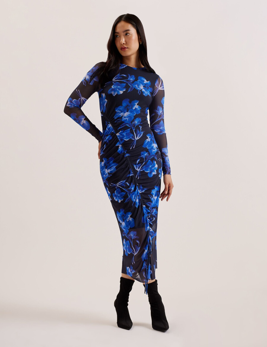 marliyy - vestido midi ajustado de malla con estampado floral