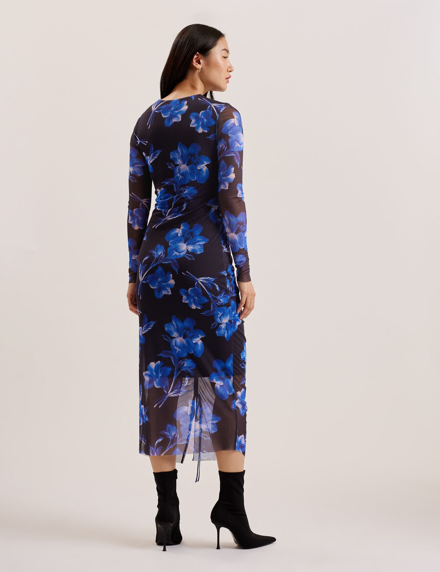 marliyy - vestido midi ajustado de malla con estampado floral