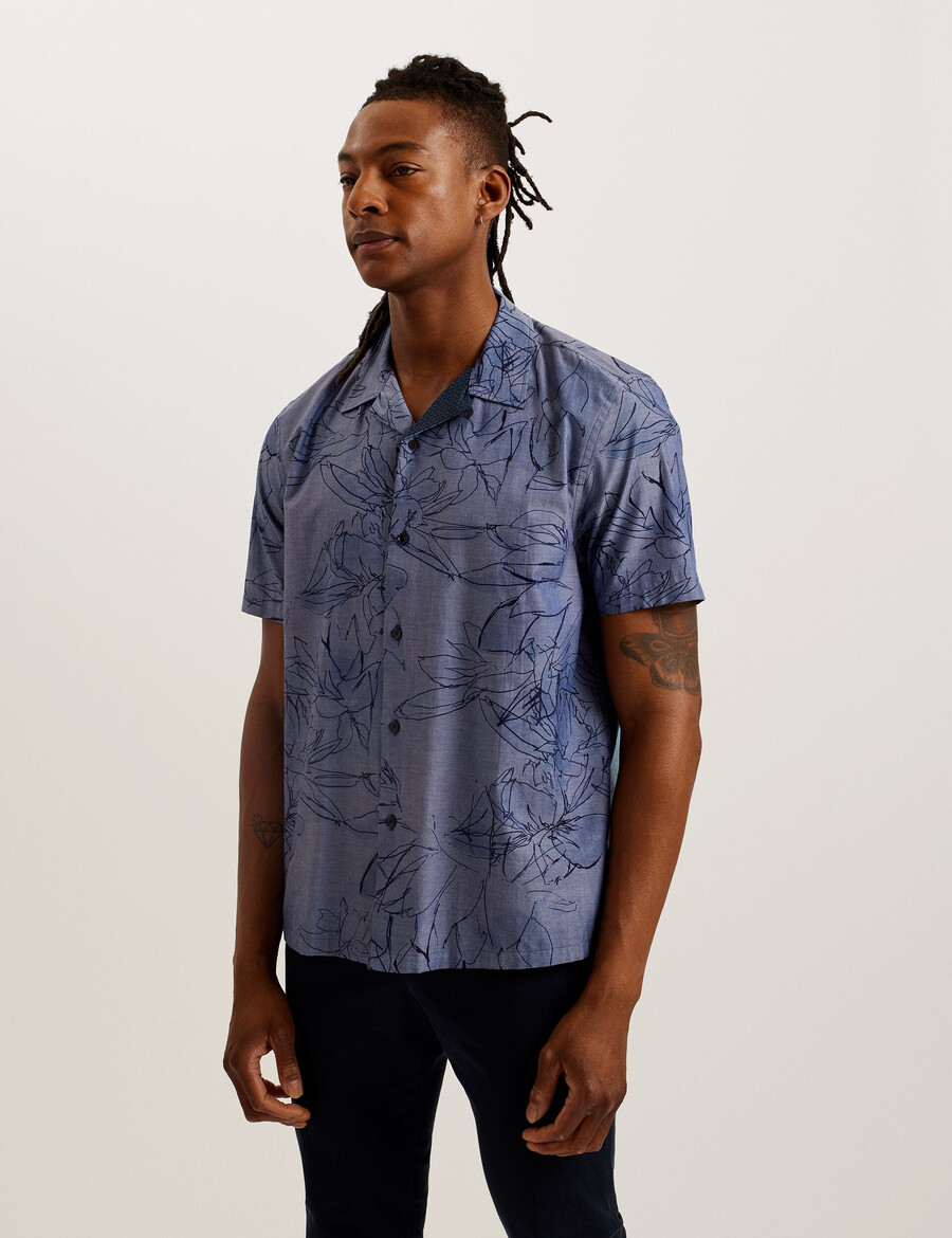 terroni - camisa de algodón chambray con estampado floral y manga corta