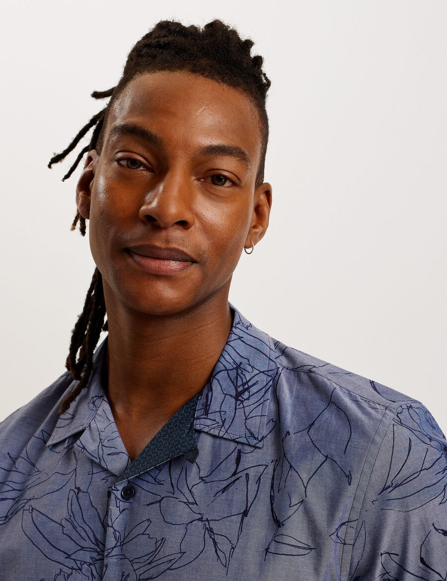 terroni - camisa de algodón chambray con estampado floral y manga corta