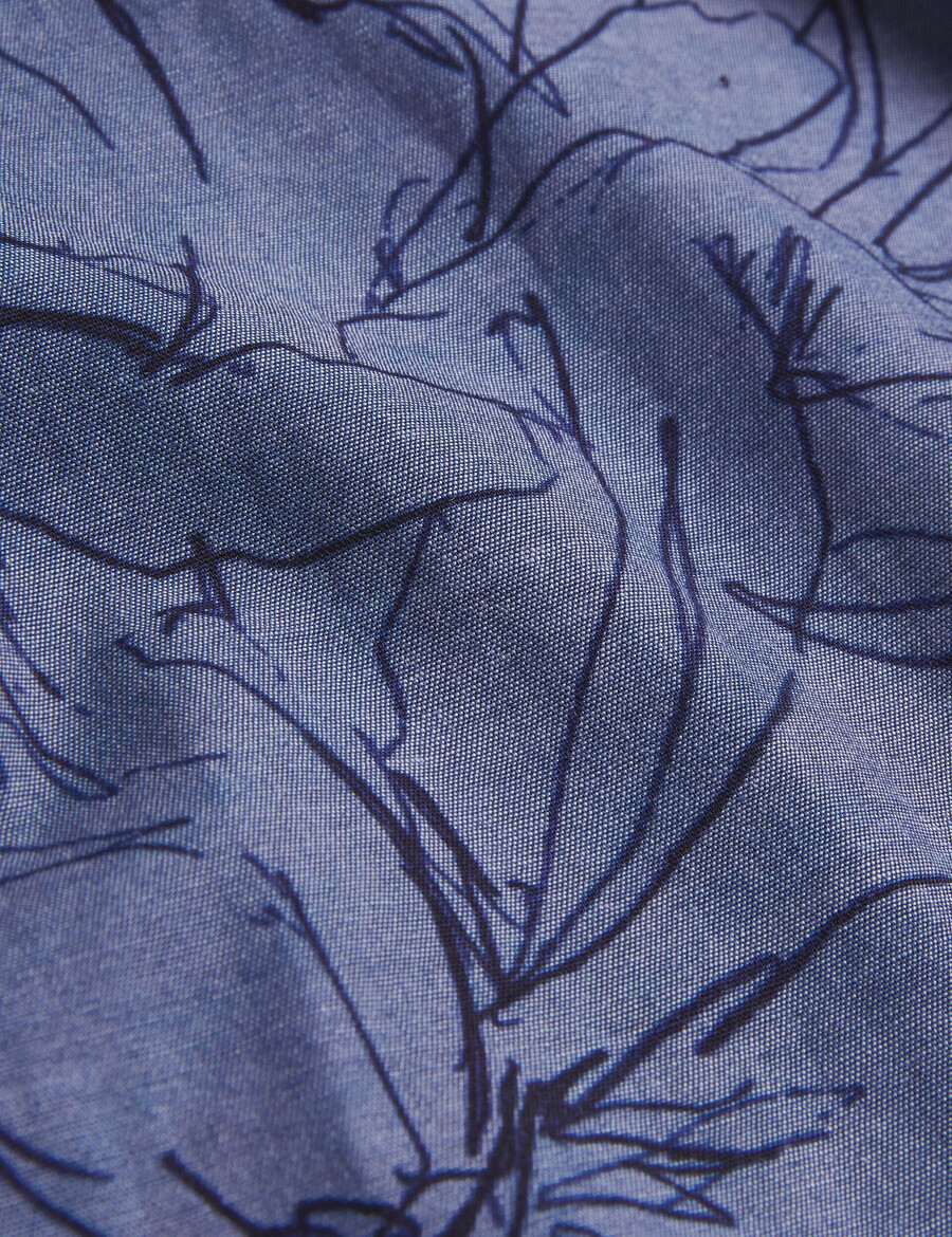 terroni - camisa de algodón chambray con estampado floral y manga corta