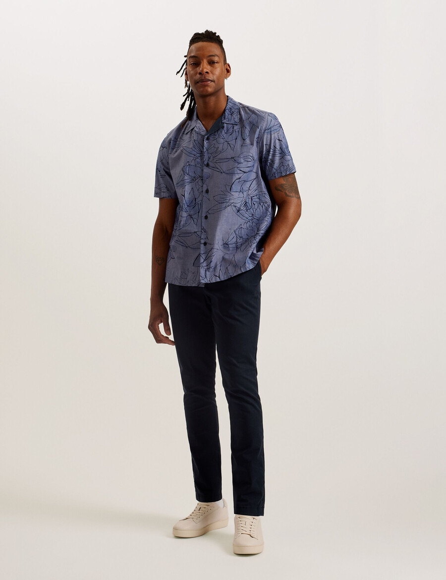 terroni - camisa de algodón chambray con estampado floral y manga corta