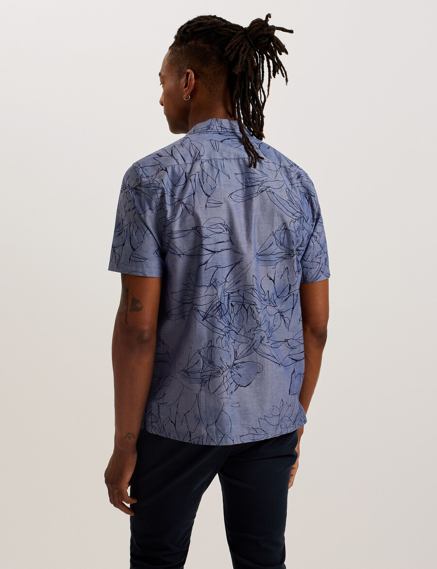 terroni - camisa de algodón chambray con estampado floral y manga corta