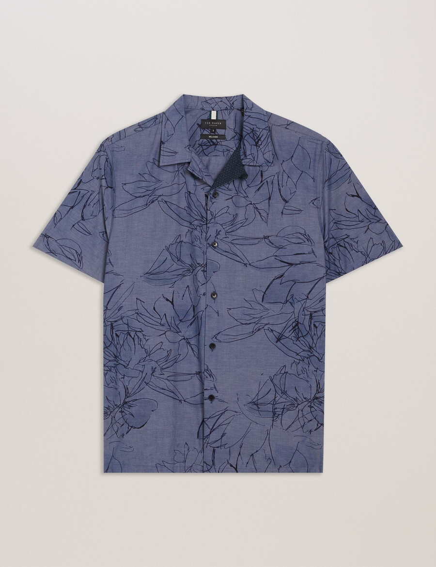 terroni - camisa de algodón chambray con estampado floral y manga corta
