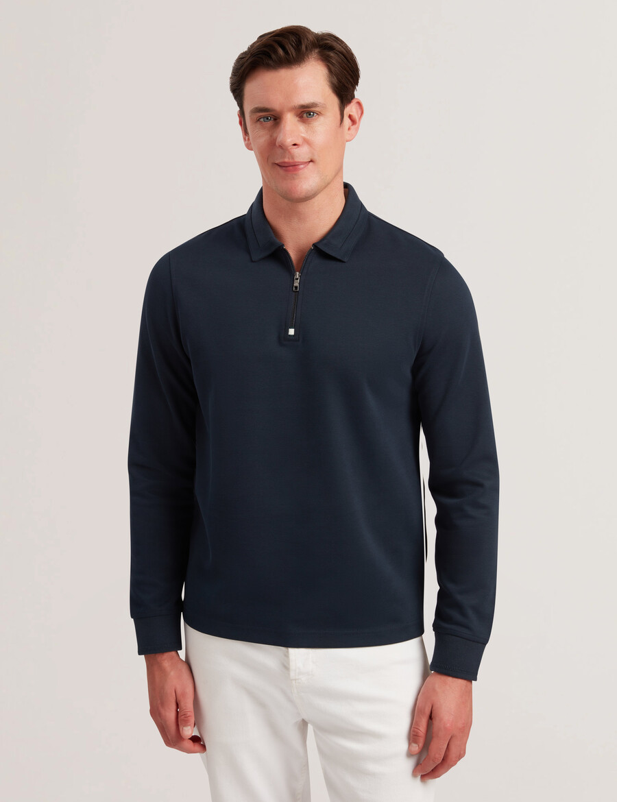 ingmar - polo de mezcla de algodón con cremallera y manga larga