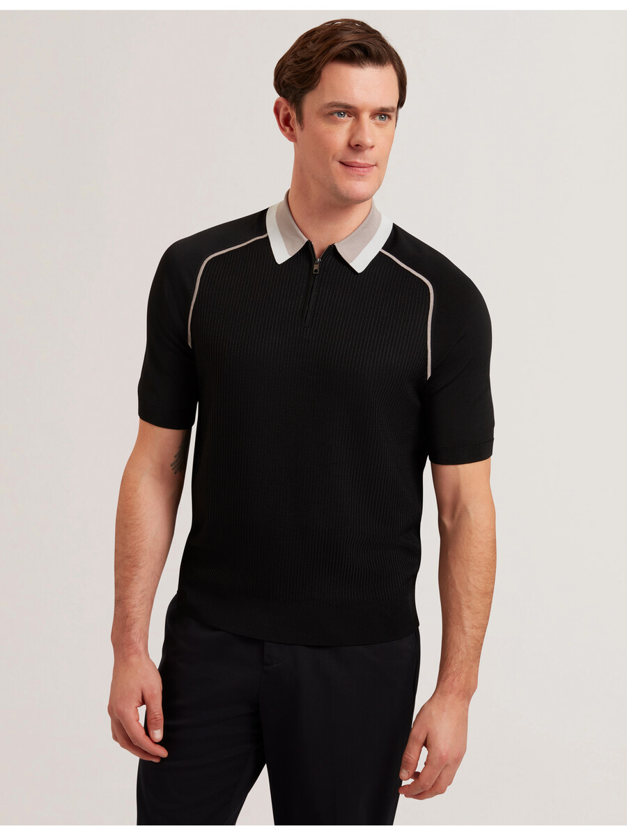 paxto - polo texturizado con cremallera y cuello a rayas