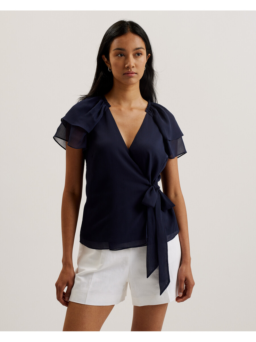 nobora - blusa cruzada de manga corta con volantes de gasa