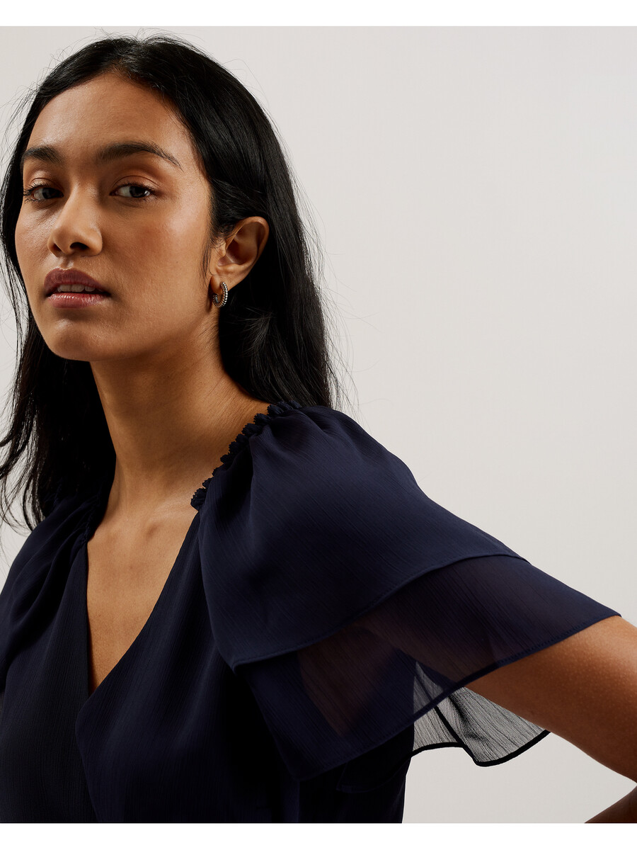 nobora - blusa cruzada de manga corta con volantes de gasa