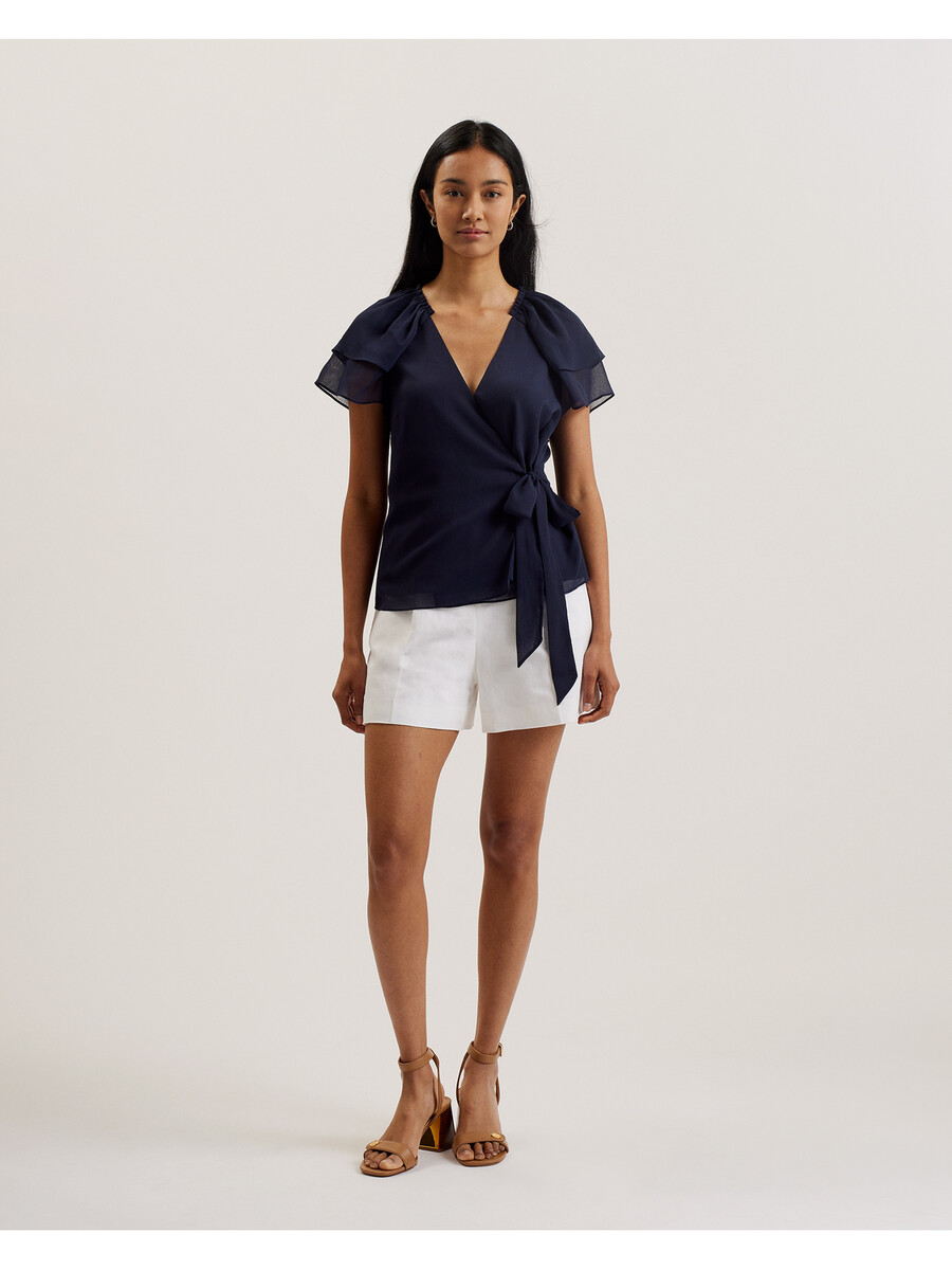 nobora - blusa cruzada de manga corta con volantes de gasa