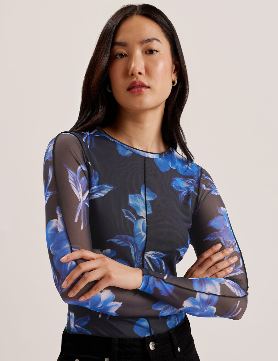 dekotha - top de manga larga de malla con estampado floral
