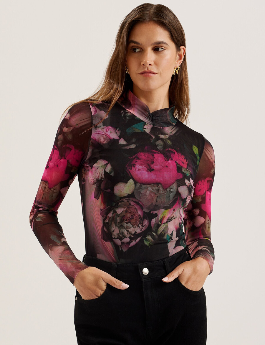 lisanna - top ajustado de malla con cuello alto y estampado