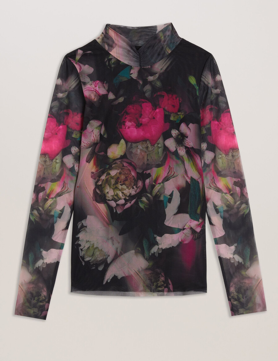 lisanna - top ajustado de malla con cuello alto y estampado