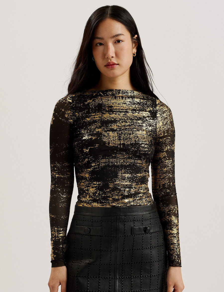 karenha - top de malla con cuello oblicuo y estampado metalizado