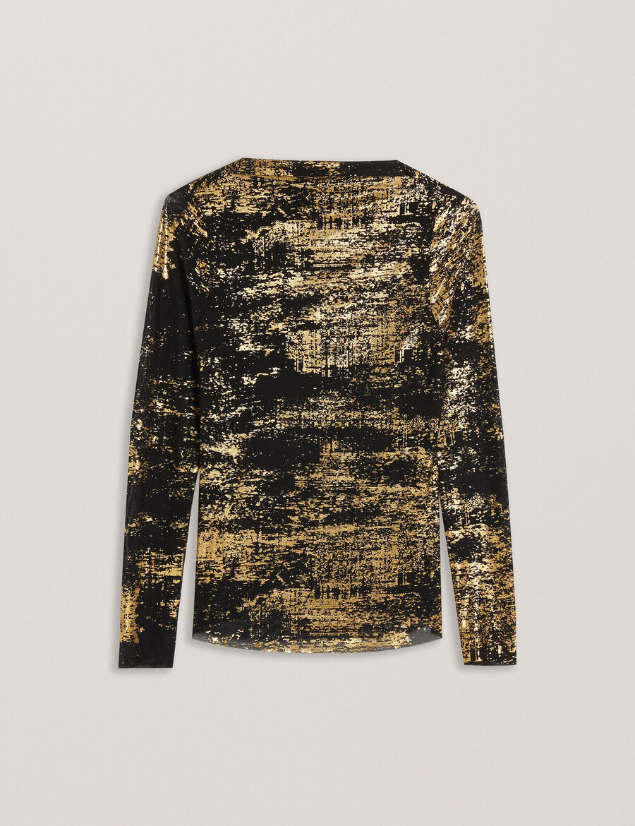 karenha - top de malla con cuello oblicuo y estampado metalizado