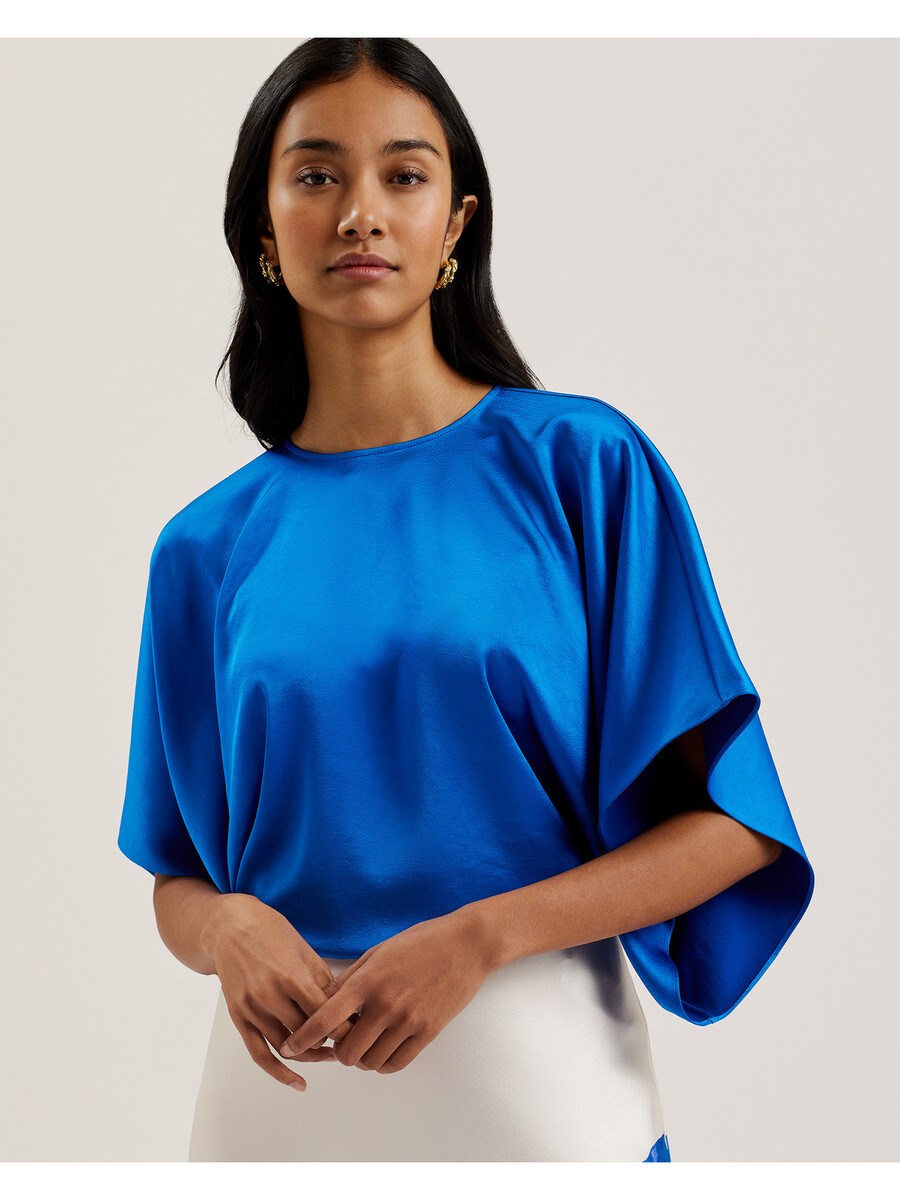 cherika - blusa de satén con mangas cortas y cuello de murciélago